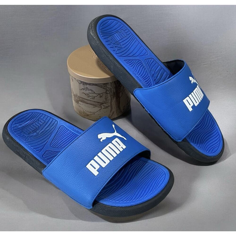 PUMA Men's Slide Sandals Blue/White Size 8 Synthetic Logo Accent Casual Summer
